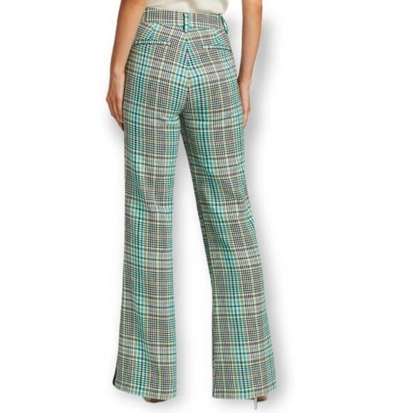 Tanya Taylor Fallon Green‎ Houndstooth Plaid High Rise Semi Flare Pants Size 2 - Picture 2 of 14